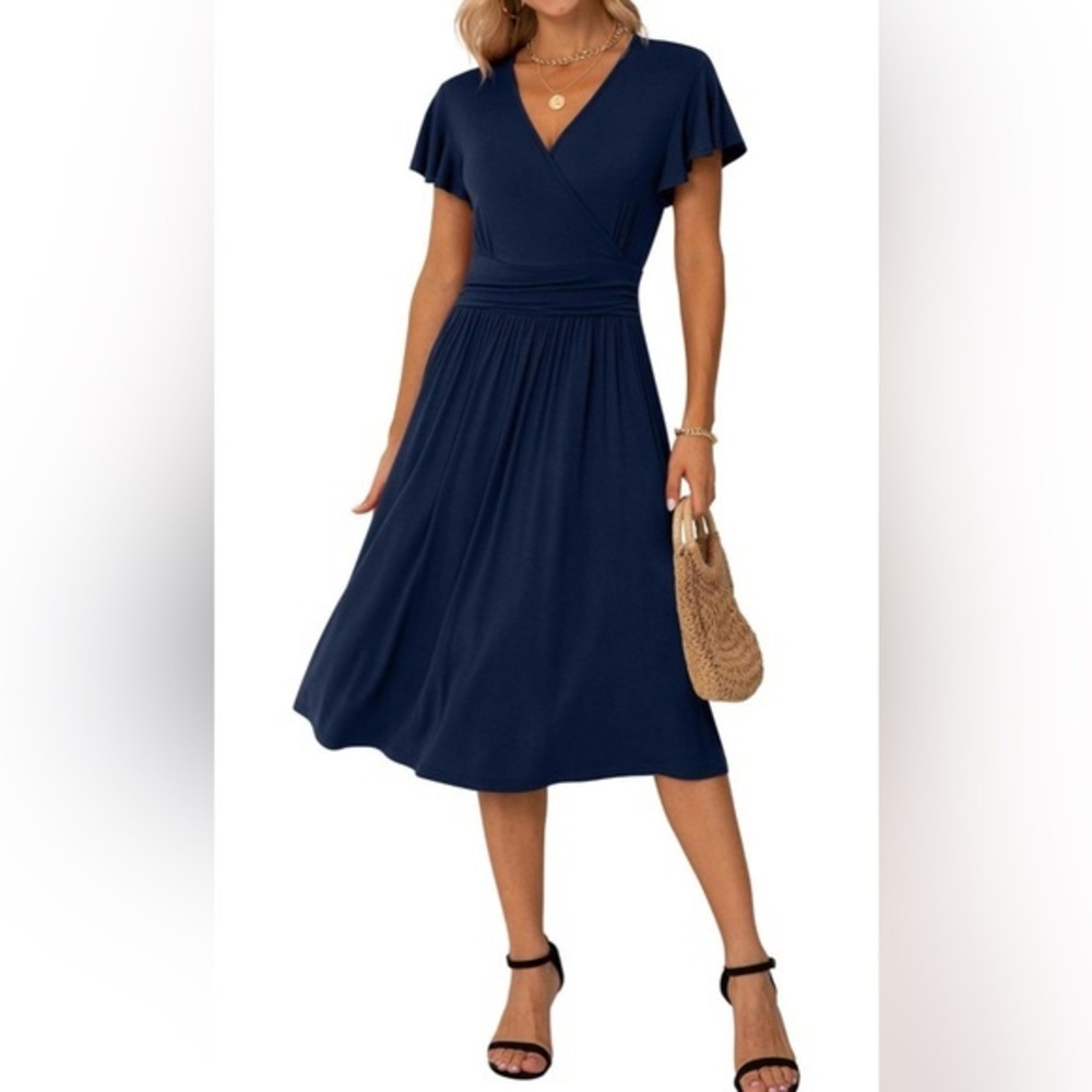 Grecerelle Women's Summer Dress Wrap V-Neck Ruffle Short Sleeve Casual Solid M